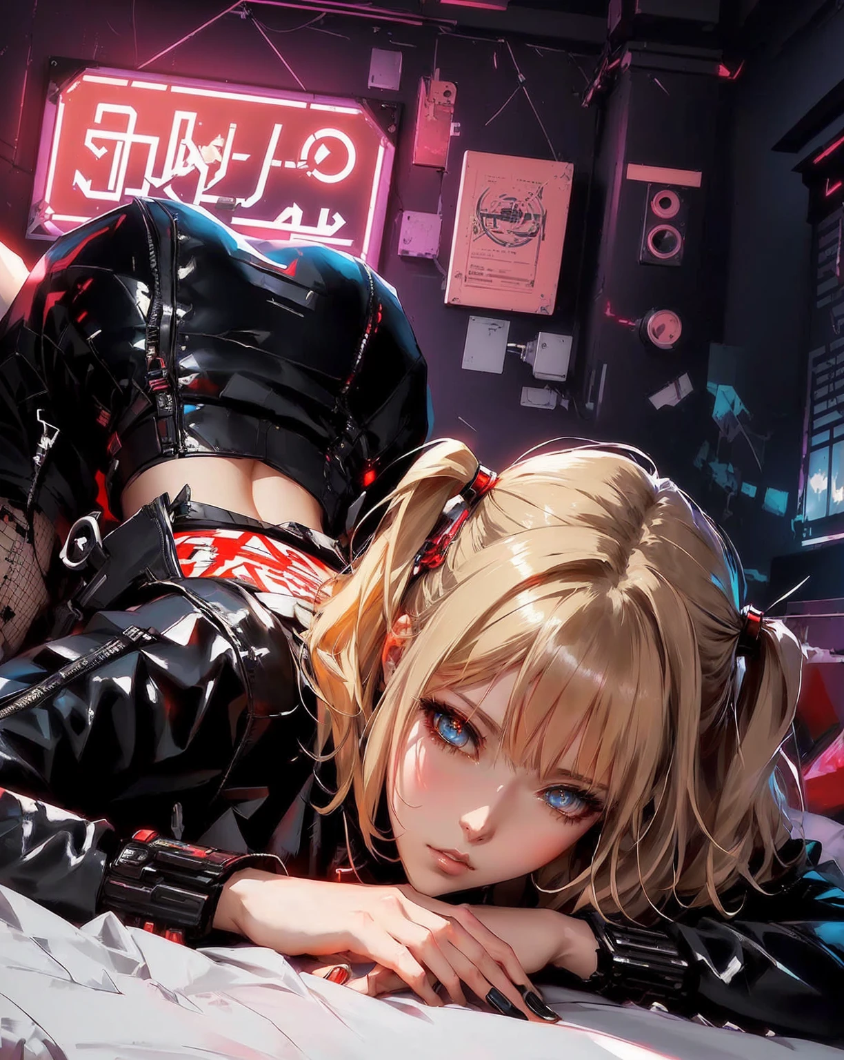 anime girl allongée sur le lit avec la tête sur les mains, Persona 5 Art Style wlop, art cyberpunk animé, art animé cyberpunk, fille animée cyberpunk, tendance sur cgstation, ambiance animée, anime cyberpunk moderne, Tendances sur ArtStation pixiv, digital art animé cyberpunk, cyberpunk numérique - art anime, les gars, oeuvre d'art dans le style de guweiz, en string