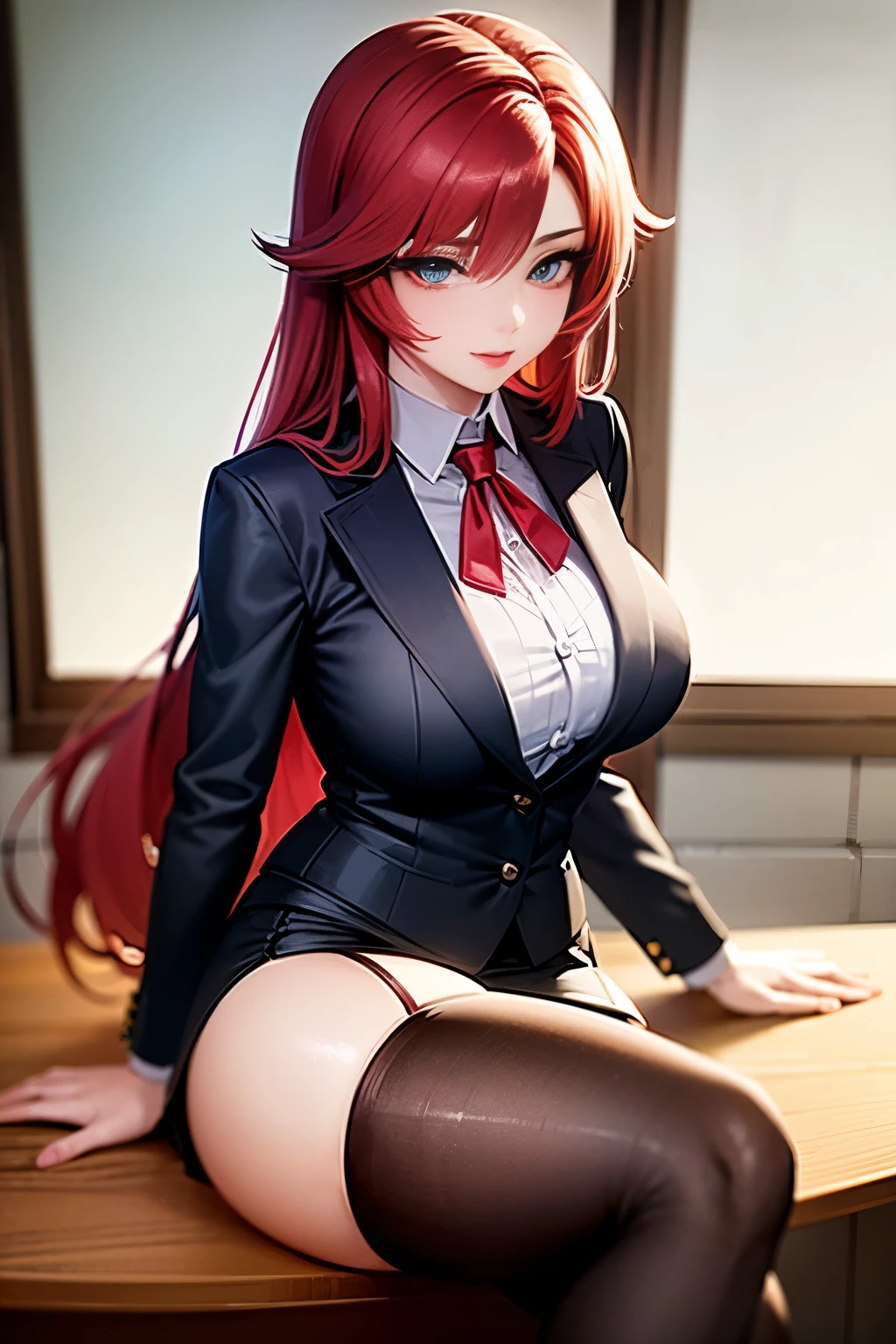 Rias gremory, long hair, red hair, blue eyes, mature female, large breasts, open shirt, seductive smile, bedroom, nude,