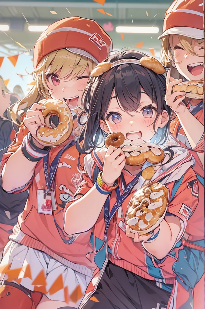 Anime Style、Olympic、Bread eating contest、donut、Biting the medal、Laugh with your teeth showing、full stadium、