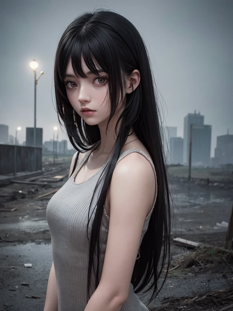 {(Name : Hannah Watson), Black Haired, 170 Cm, 1girl, Pretty, Long Haired, Survival Outfit, Perfect Body} [Horror, Creepy Scene, Survival, Mist, Dark, Abandoned City Background, Night, Quiet]