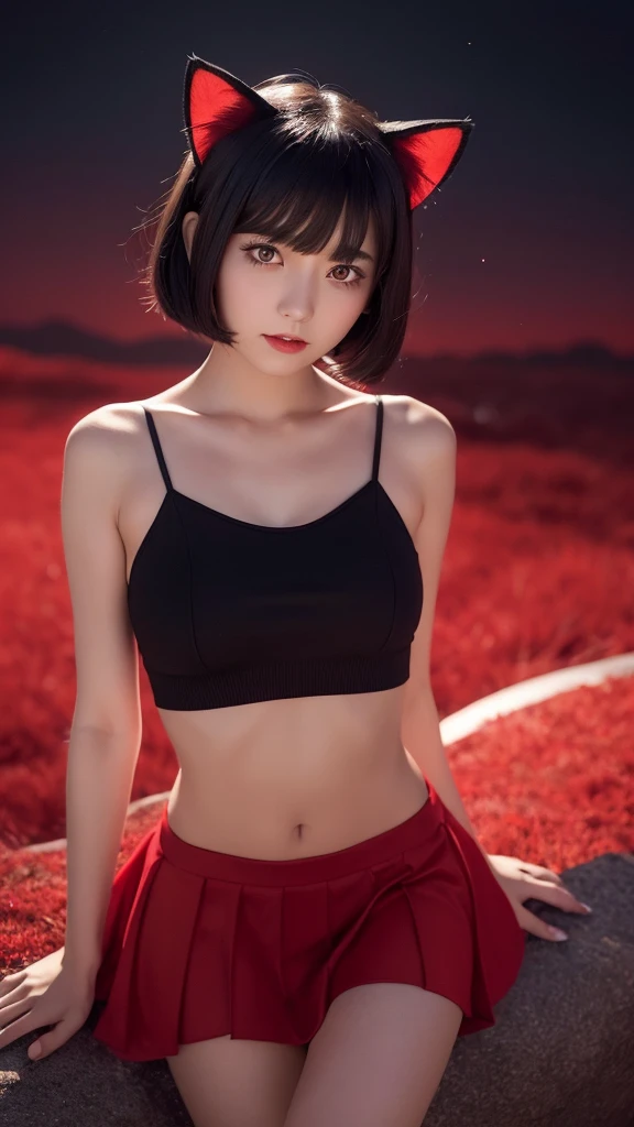 Delicate and dainty young woman with shiny bob-cut black hair and cat ears. She is wearing red wear with mini-skirt. The background is a fantastic and ethereal night sky that seems to be haunted by a specter. Her expression is stern and atmospheric. Angle from directly below