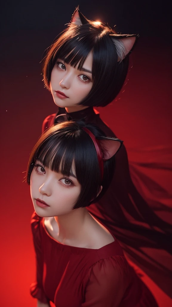 Delicate and dainty young woman with shiny bob-cut black hair and cat ears. She is wearing red only  mini-skirt one-piece dress. The background is a fantastic and ethereal night sky that seems to be haunted by a specter. Her expression is stern and atmospheric. Angle from directly below, 