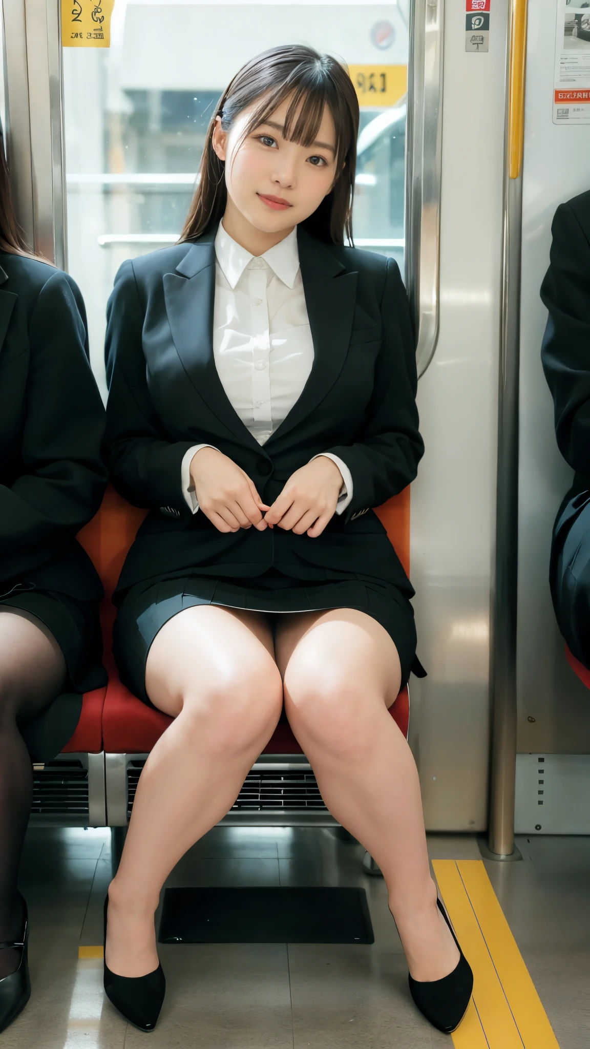 smile,one japanese woman,(masterpiece, Highest quality, 8K, RAW Photos, beautifully、aesthetic:1.2),  Intricate details, indirect lighting, Realistic,
whole body, Sitting on a chair on the train、Staring at the viewers、Voyeur、Top Quality, Very High Resolution, (Realistic:1.4), (Exact Reproduction: 1.4), Medium Breasts, Facial Detail, Fine Eyes, Career Woman, black Business Suit, mini Skirt, Heels, 
 Training women , Chair to sit under skirt,openlegs