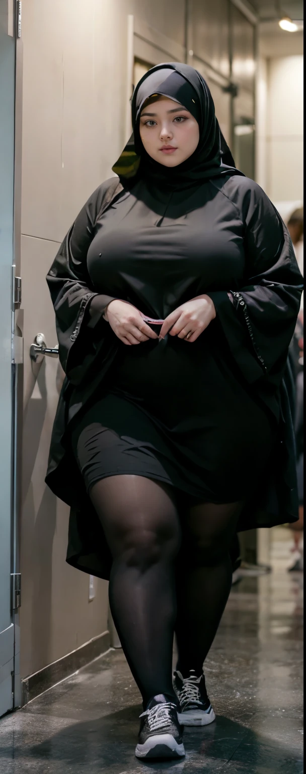 Milky white skin woman in black dress and hijab walking down the room, , hijab outfit, , hijab fashion model, plus size, plus size woman, , woman in black robes, beautiful woman, thicc, black outfit,, bbwchan , white sneakers , Height 170 cm, beautiful woman, with a beautiful appearance, a very beautiful masterpiece, a masterpiece of art, good lighting, Bright colors, Clean lines, .