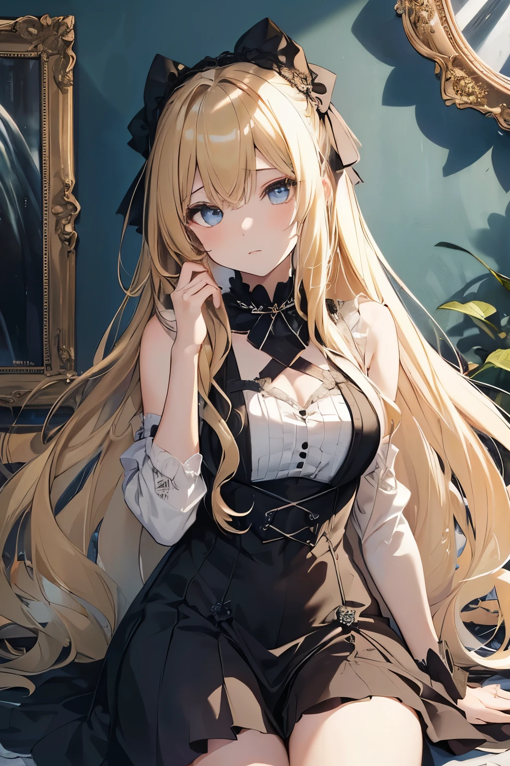 ((Misa Amane:1.6、top-quality:1.4、Striking Model:1.2、Gothic Charm:1.2,Long, Blonde Hair:1.2、Expressive Eyes:1.2、Frame:1.2))、Misa Amane, a 16-year-old model, radiates an aura of mystery and allure, her long, blonde hair cascading down her back like a silken waterfall. Her captivating eyes, a blend of deep blues and emerald greens, hold a thousand unsaid stories, reflecting her intriguing personality. Her frame, slender yet sensual