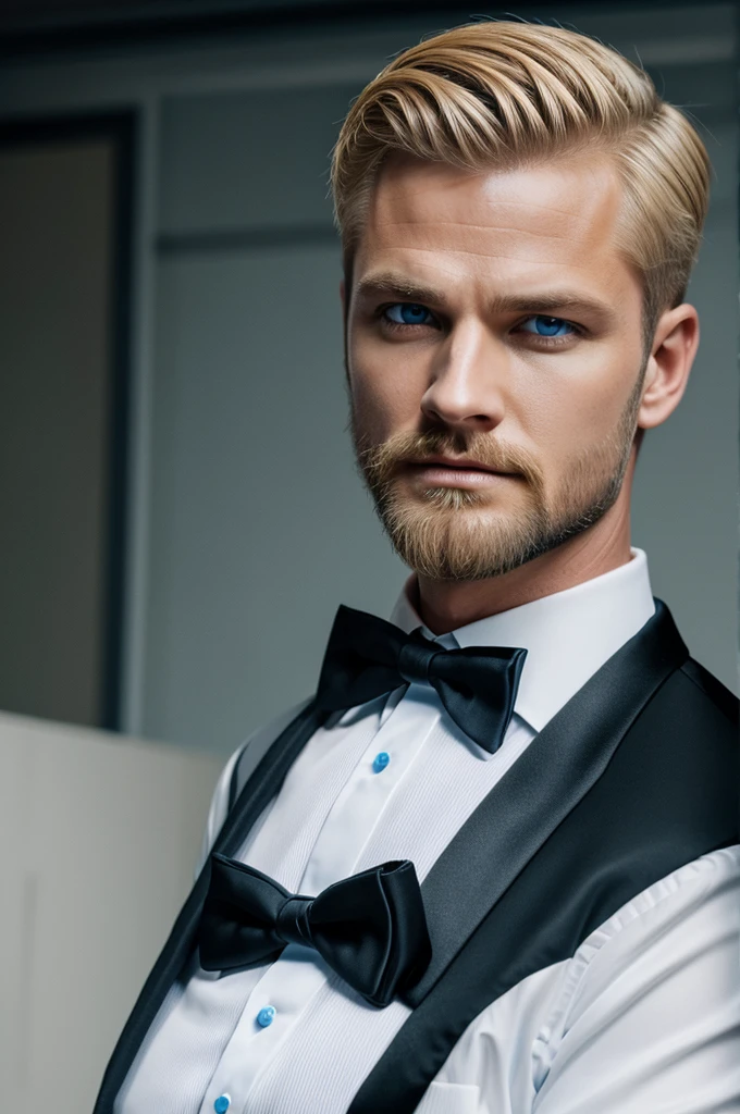 A man with a fierce face, wearing a tuxedo, short, blond hair, blue eyes, and a short beard.