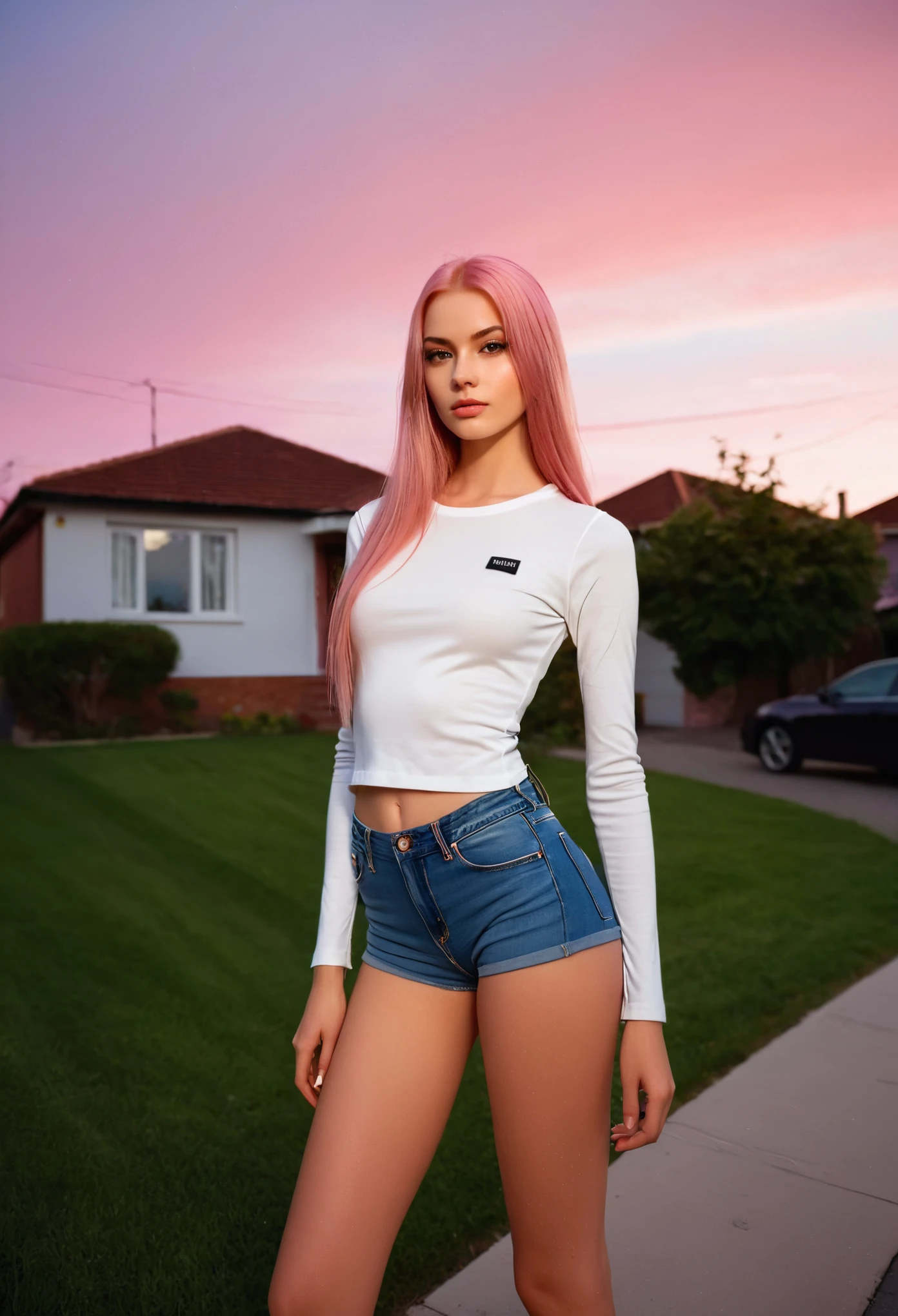 A high-resolution photograph of a young woman posing for the camera like a model in a plain neighbourhood in the suburbs during sundown. Pink skyu. STRIKING DETAILS. Editorial fashion shoot, model, blurred motion, motion blur, chromatic aberration, by Steven Klein, clean aesthetics, minimalist landscape, shot with hasselblad 30mm, Kodak Ektar 100, beautiful seductive face of a  beautiful slav Girl, solo, beautiful seductive eyes, she is 177cm tall, 
score_9, score_8_up, score_7_up, realistic lighting, photorealistic , masterpiece, high quality, highly detailed, 1girl, solo focus, full body shot, wide angle shot of her, very long very straight hair, pink hair, thin skinny face, she has white skin,, she wears a ultra tight farmer, her top is extremely tight, she has very long skinny perfect legs, ultra realistic face, ultra realistic legs, clear and cute eyes, realistic eyes, detailed face, detailed eyes,