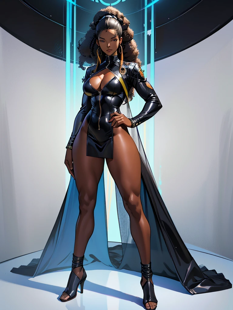 ((best quality)), ((4k)), ((highres)), ((masterpiece:1.2)). ((detailed)), ((ultra realistic)), ((intricate details)), ((full body picture)), ((character design sheet)), a full body picture of a beautifull african american female, black woman, light skin black woman, ebony princess, perfect face, detailed eyes, detailed lips, about 25 years old, about 5'6 ft. tall, long afro-curly hair with ponytail, black hair, ((emphasis on her long afro-curly hair with ponytail)), Karina Nicoldine, ((Karina Nicoldine)), feminine woman, hourglass figure, perfect body, well toned body, athletic frame, dressed in a black leather trench coat with a superhero outfit under it, multi-colored outfit, superhero outfit colored like the british flag, superhero character, superhero concept art, superhero character concept art, full body, full body concept art, full body art