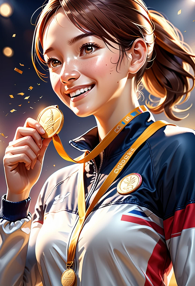 a woman being awarded a gold medal at the paris olympics, highly detailed Realistic 3d cg rendering of the award ceremony, close-up of an athlete receiving the medal, A face expressing joy and pride, Dramatic studio lighting, intricate details of the medal and athlete's uniform, Vibrant colors, photoRealistic, masterpiece quality, (Highest quality, 8k, High resolution, masterpiece:1.2), Very detailed, Realistic, photo-Realistic:1.37, Dramatic lighting, emotional expression, Dynamic pose, gold medal, Olympic Medal Ceremony, athlete, Sports, competition, victory, celebration,