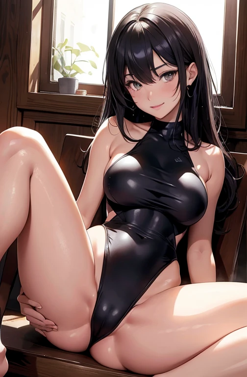 masterpiece, best quality, best lighting, shadows, portrait, perfect anatomy, bitchy, open legs, touching her pussy, 1 girl, adult anime girl, 21 years old, 1 girl, (Slim body:1.2), (Huge breasts:1.1), Black hair, Black eyes, Competitive swimsuit, yellow swimsuit, Angle from below, embarrassed, seductive eyes, blushing, flirty, pretty smile, huge ass, breast, thighs, seductive, spicy, hot, flirty, wet, nsfw,