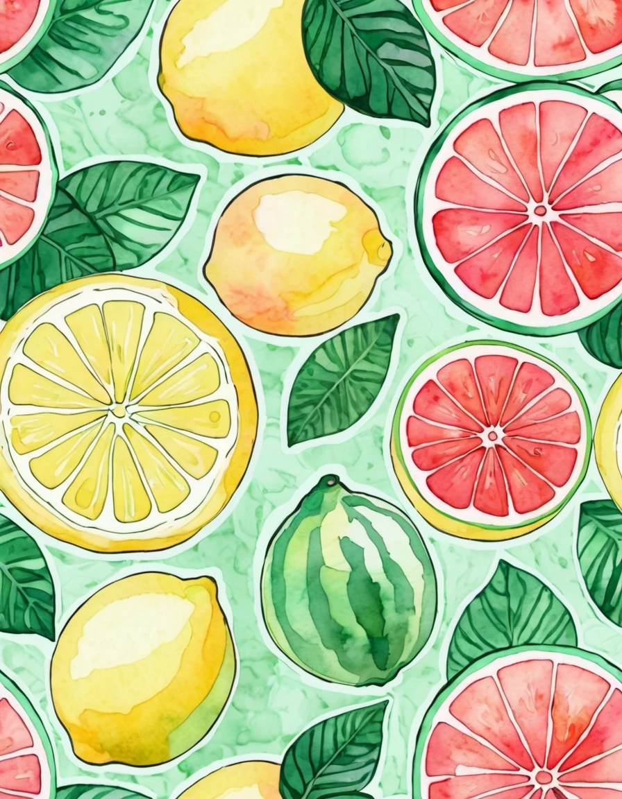 Mint green outline of a lemon, Grapefruit, watermelon, Watercolor background
