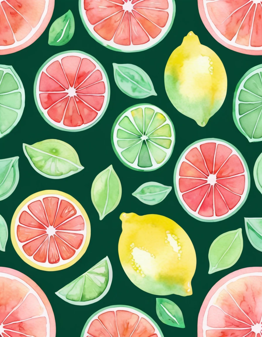 Mint green outline of a lemon, Grapefruit, watermelon, Watercolor background