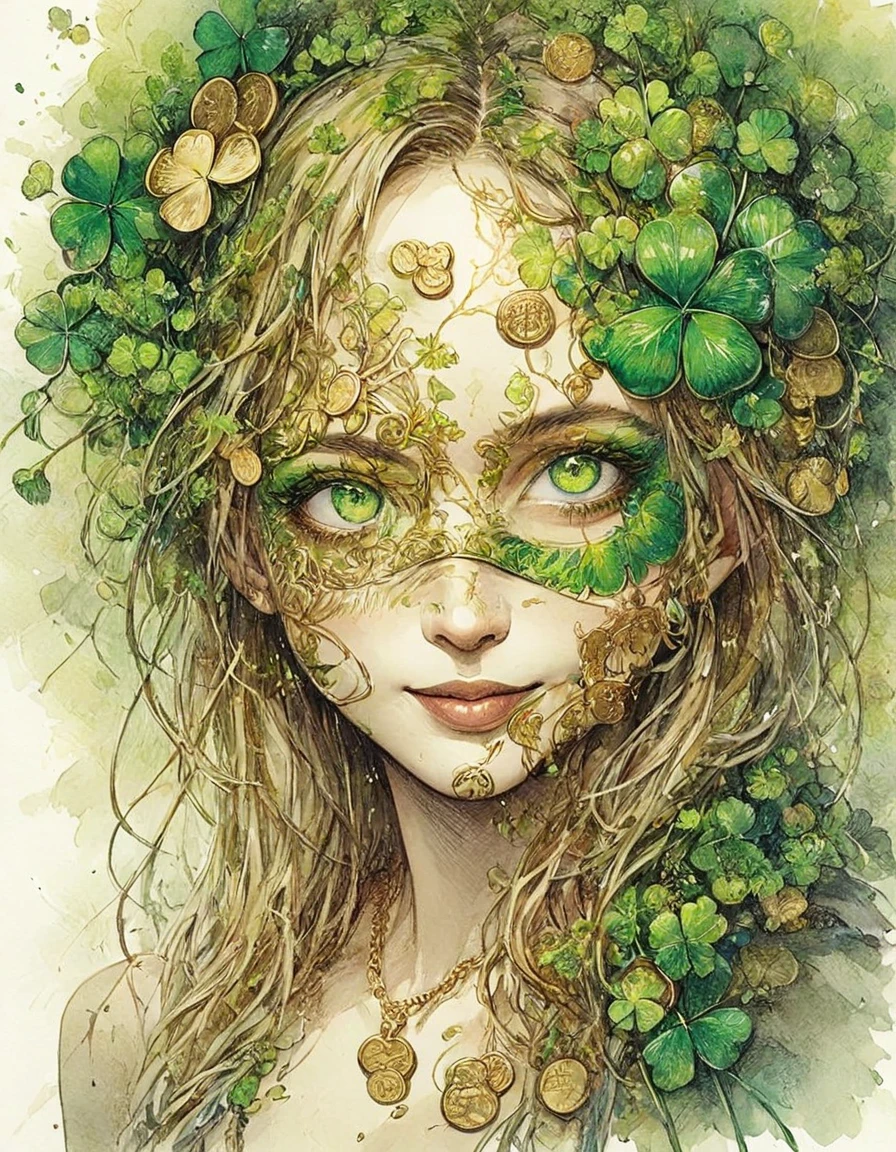 Woman wearing four leaf clover mask shows half of her face to the audience and smiles,by Minjae Lee, Carne Griffiths, Emily Kell, Steve McCurry, Geoffroy Thoorens, Aaron Horkey, Jordan Grimmer, Greg Rutkowski, amazing depth,high resolution, ink painting, green theme, vines, clover leaves and some gold coins,