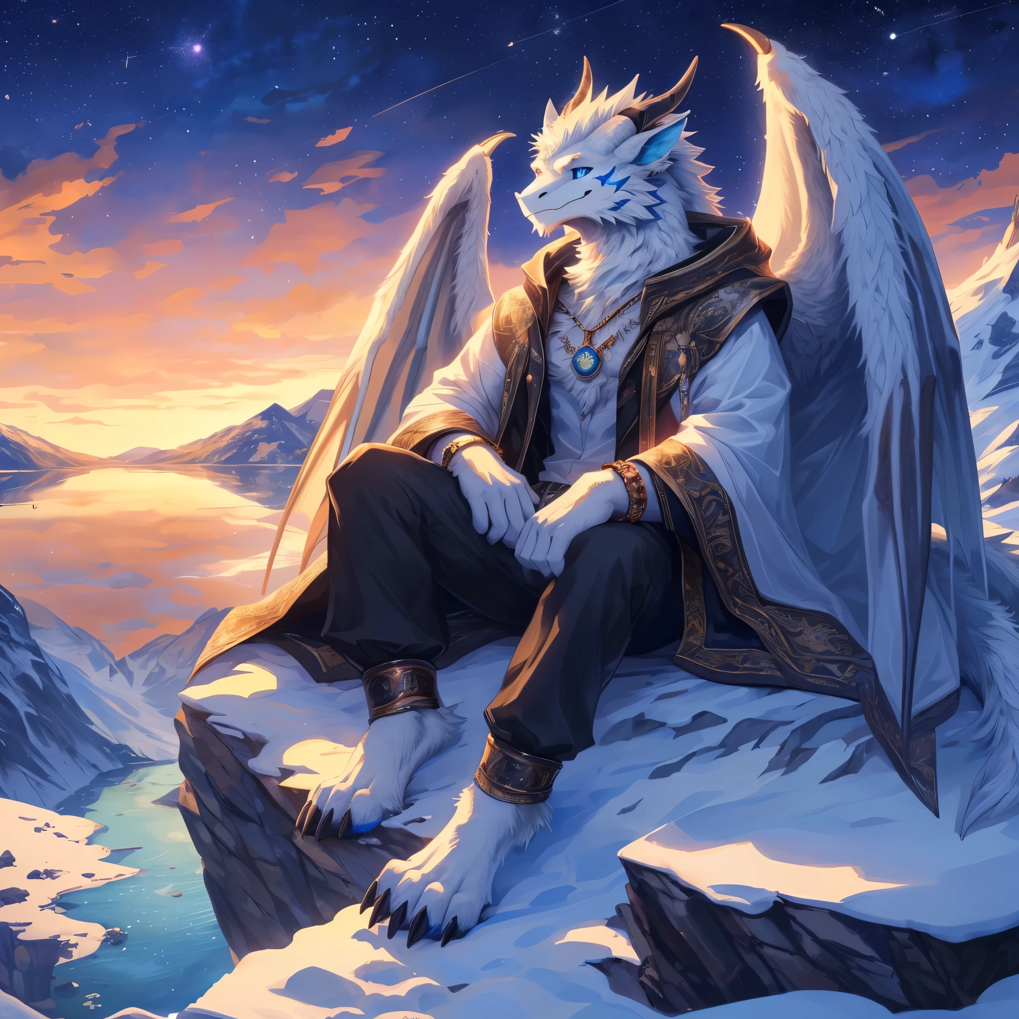 solo,(furred dragon),mature,male,((white fur)),wing,fluffy furs,dragon horns,blue_eyes,cat's eye,tail,handsome,sitting,toe claws,digitigrade,blue pawpads,anklet,bracelet,pendant,trench_coat,pants,clothing details,(((masterpiece))), ((the best quality, super fine illustrations, beautiful and delicate water)), ((very delicate light)), ((nature, painting)), ((fine lighting, more transparent stars, high-quality snowflakes, high-quality mountains, very fine 8KCG wallpapers)), (plateau), (((snow mountain))), sunrise, randomly distributed clouds, (snow field), cliff, ((rotating star sky)), ((lake in mountain stream)), luminous particles,