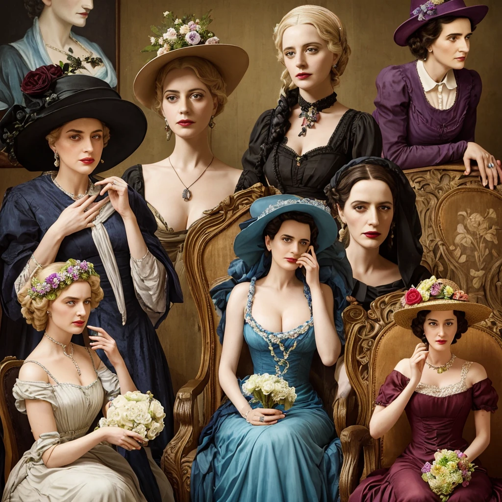 arafed woman in a hat and dress with a flower in her hand, lady dimitrescu, lady gaga as evita, eva green as metamorpho, granny weatherwax, portrait of a lady vampire, eva green is metamorpho, inspired by Hendrick Terbrugghen, erwin olaf, michael hussar, pretty female eva green vampire