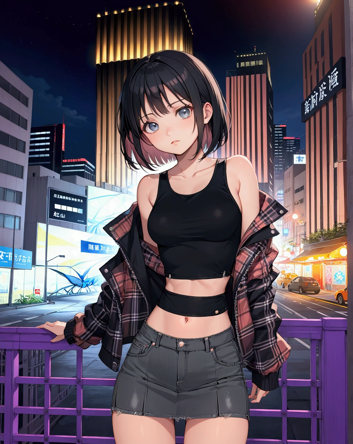 realistic anime of a cute young bob cut woman is posing cool at night, lighting luxury building on background , (she has a black hair ), (wearing red tartan jacket, black crop tanktop, blue-gray denim pencil skirt), (1girl, solo, full body), (masterpiece, best quality, expressive eyes, perfect face, japanese anime style)