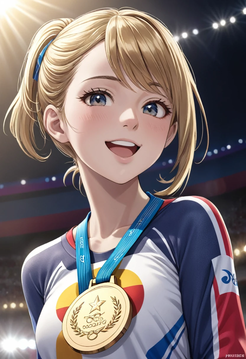 a woman being awarded a gold medal at the paris olympics, highly detailed Realistic 3d cg rendering of the award ceremony, close-up of an athlete receiving the medal, A face expressing joy and pride, Dramatic studio lighting, intricate details of the medal and athlete's uniform, Vibrant colors, photoRealistic, masterpiece quality, (Highest quality, 8k, High resolution, masterpiece:1.2), Very detailed, Realistic, photo-Realistic:1.37, Dramatic lighting, emotional expression, Dynamic pose, gold medal, Olympic Medal Ceremony, athlete, Sports, competition, victory, celebration,