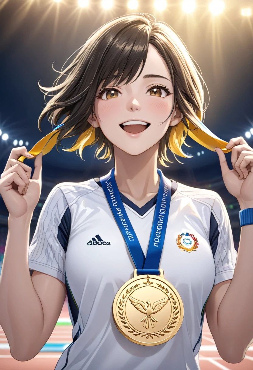 Highest quality、Black Hair、Iris、short hair、girl、cute、16 years old、、Small hair ornament、1 person、Japanese Representative、Olympic、Podium、Happy expression、Golden medal、Hanging from the neck、