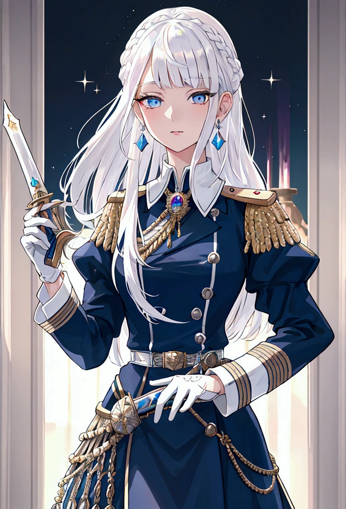 Victorian era, Military uniform, noble clothes, 1woman, queen, solo, medium shot, palace background, iridescent eyes, white shimmer hair, white eyebrow, glowing hair, (iridescent white hair), earrings, jewelry, blue eyes, blurry background, blurry, hair ornament, looking at viewer, white glove, long hair, straight hair, holding sword,