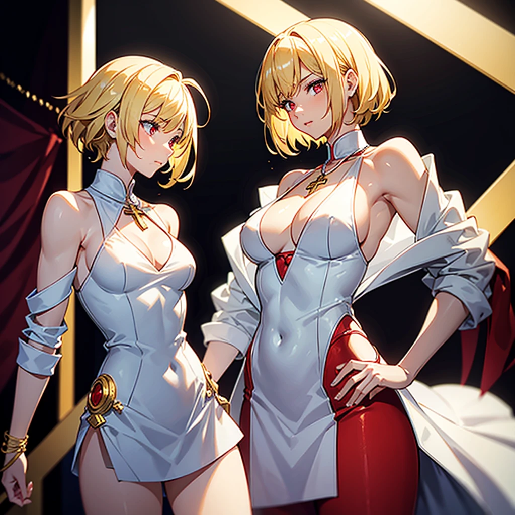 Buff, blonde, young lady, red eyes, short hair, on a white suit with golden details, with a cross necklace on the neck, front profile, christian, cultured,