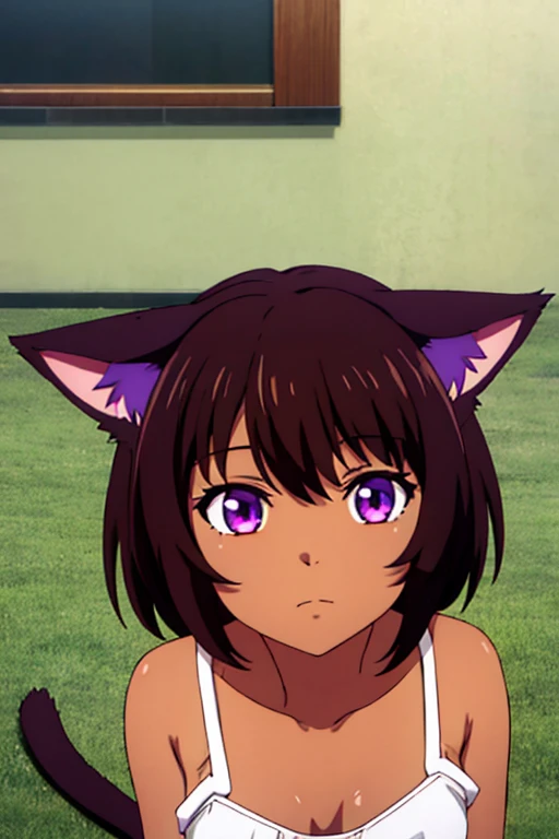 girl, catgirl, dark skin, cat ears, brown hair, short hair, purple eyes