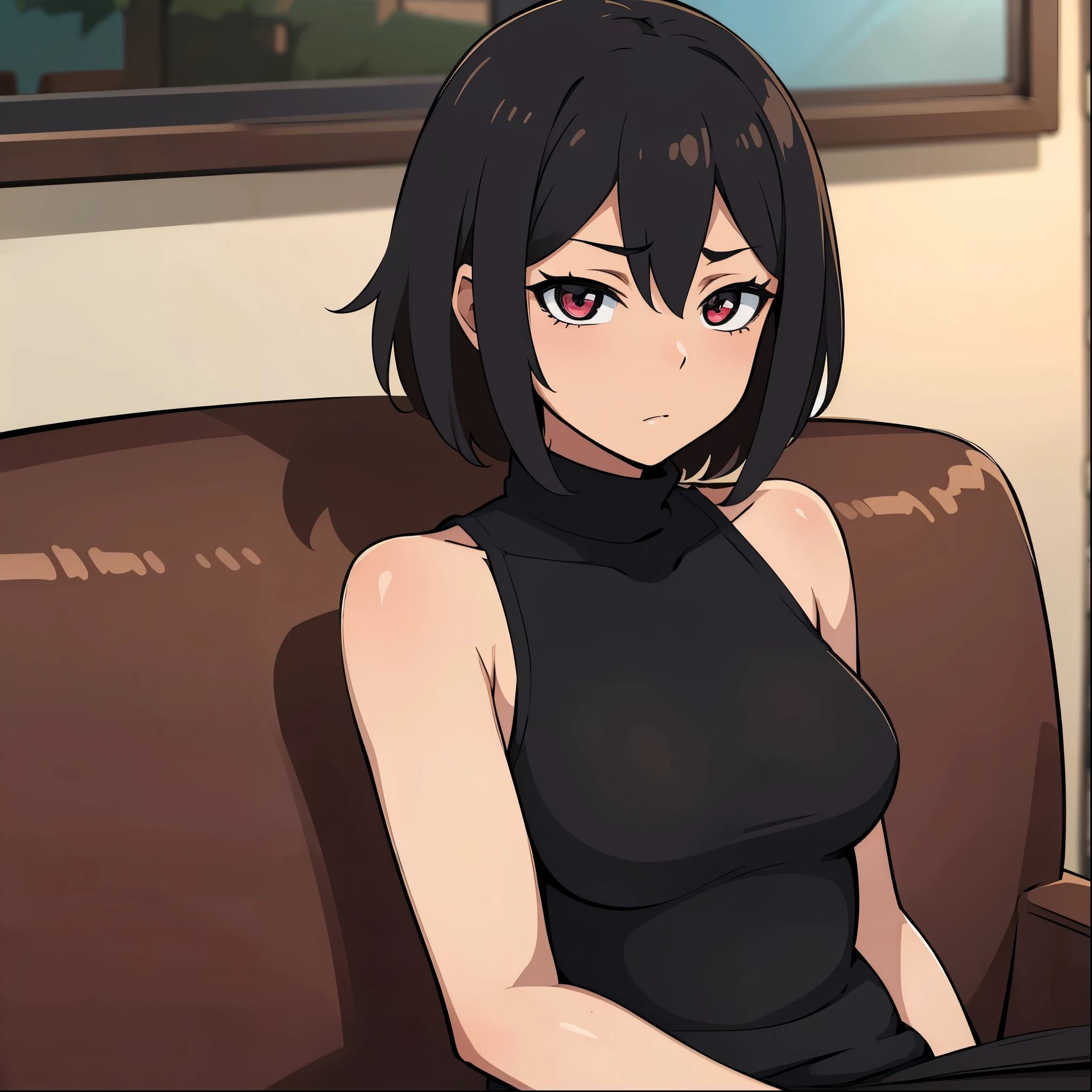 top quality, masterpiece, ultra high resolution, image of an anime girl with short brown hair, black, well-detailed eyes, wearing a very tight black sweater and sitting on a couch in a room 