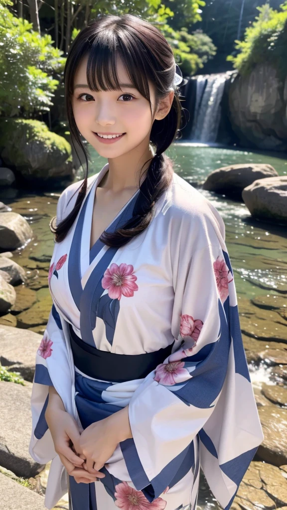 A very large waterfall、In front of Kegon Falls in Oku-Nikko、Watching the waterfall、Admire the waterfall、Overtaking High Resolution、Her breasts overflow from the collar of her kimono.、(Real: 1.4)、Raw photo、Highest quality、(Photorealistic)、concentrated、Soft Light、Baby Face、A large, overflowing chest、(())、((Japanese))、(front、Young Face)))、(Depth of Limit)、(one piece)、masterpiece、(Photoreal)、woman、bangs、1 beautiful Japanese model、12 years oldhigh resolution、bangs、Black Hair、kimono、white and blueflower Long-sleeved kimono、Japanese style floral pattern:1.5、A cute face like an idol:1.4、Slim and beautiful body、Beautiful breasts、Laughter、Esbian all over body:1.2、Enhanced Dynamic Perspective、Cute cute beautiful girl、Beautiful Skin、look at me and smile、Simple Background、Masterpieces、high resolution、4K resolution、Overtaking