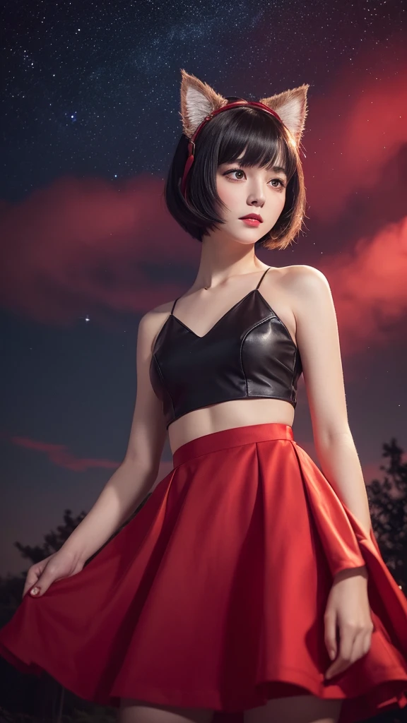 Delicate and dainty young woman with shiny bob-cut black hair and cat ears. She is wearing red fitt bodywear with mini-skirt. The background is a fantastic and ethereal night sky that seems to be haunted by a specter. Her expression is stern and atmospheric. 