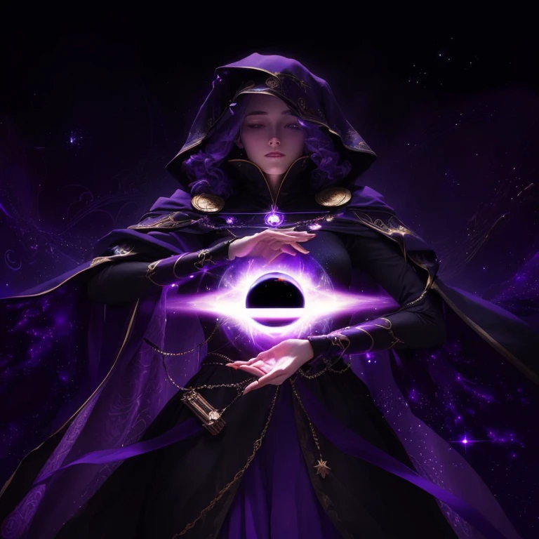 a digital painting of a woman in a purple cloak holding a glowing orb with covered eyes, official fanart, emperor of the known universe, profile photo 1024px, Ethereal Astral, Paul Laffoley, mage the rise, esoteric, galactic deity, mystic eye, a portrait of @hypnosis_once, offcial art, discordant profile photo, dressed like an oracle