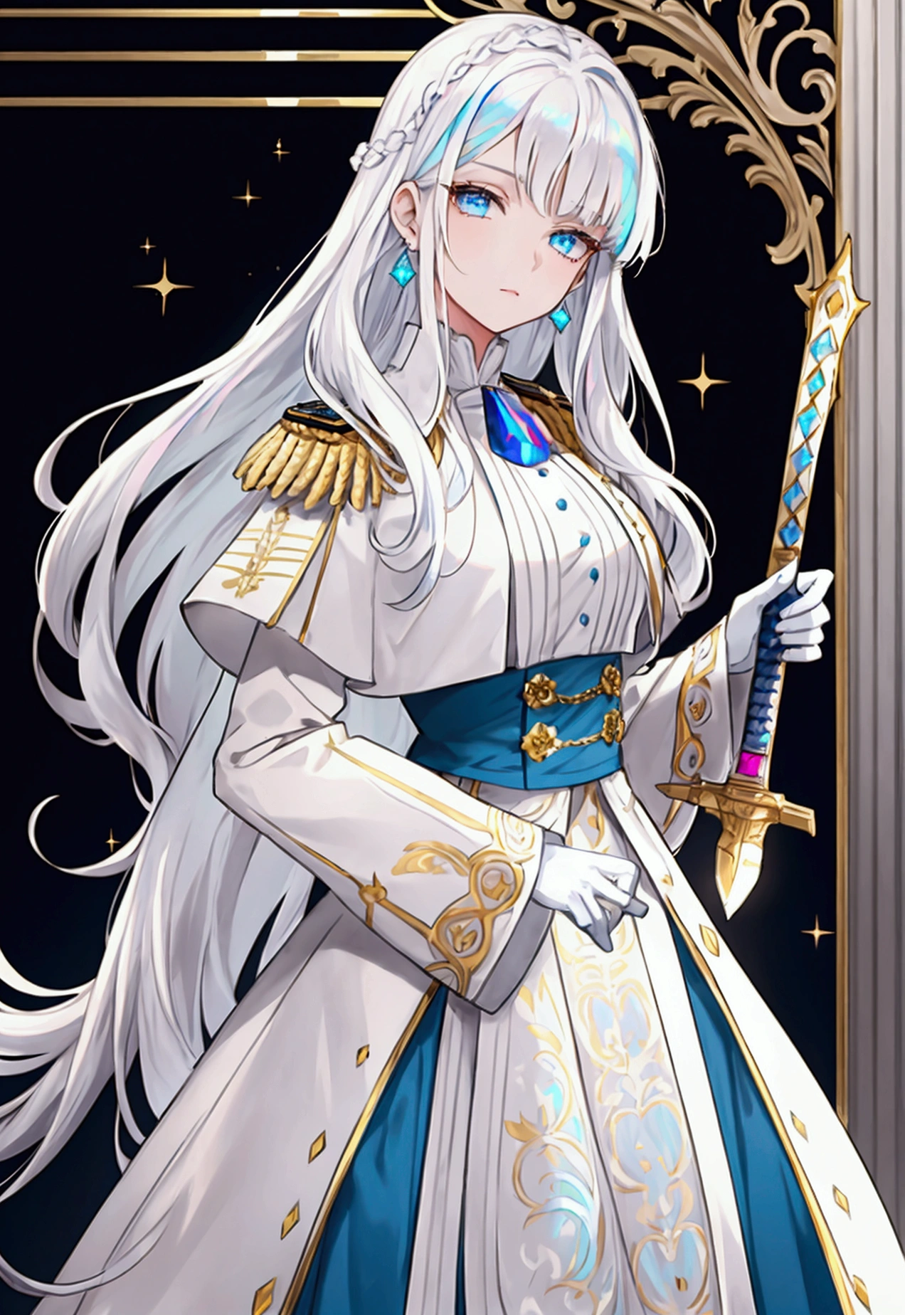 Victorian era, Military uniform, noble clothes, 1woman, queen, solo, medium shot, palace background, iridescent eyes, white shimmer hair, white eyebrow, glowing hair, (iridescent white hair), earrings, jewelry, blue eyes, blurry background, blurry, hair ornament, looking at viewer, white glove, long hair, straight hair, carrying sword,