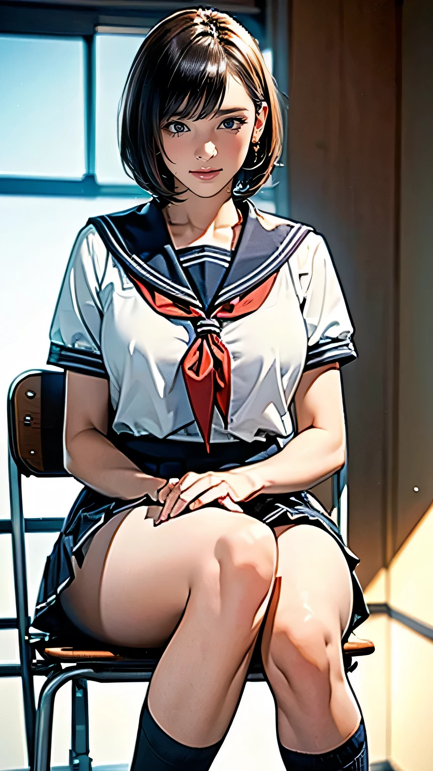 (((Perfect Anatomy, Anatomically correct, Ultra-dense skin))), 1 girl, Japanese, high School girl, Glowing Skin, Looking at the audience, ((Rear View, From below)), 
Beautiful Hair, Beautiful Face, Fine and beautiful eyes, (short hair:1.1, Bobcut:1.2), Dark blonde hair:1, blue eyes, ,  
Beautiful clavicle, Beautiful body, Beautiful breasts, Mid-chest, Beautiful thin thighs, Beautiful legs, Camel Toe, 
((Short sleeve, Cute sailor uniform in all black and white, gray pleated skirt, Red Sailor Collar, Red Sailor Scarf, socks, Brown Loafers)), Alluring slim thighs, , 
((Embarrassing, I was scared, sad, Mouth half open)), Sitting in a chair, (((Sitting in a chair), )), 
(Beautiful views), summer, School, (classroom), 
8k, Highest quality, masterpiece:1.2, Very detailed), (Realistic), Beautiful illustrations, Natural light, whole body,