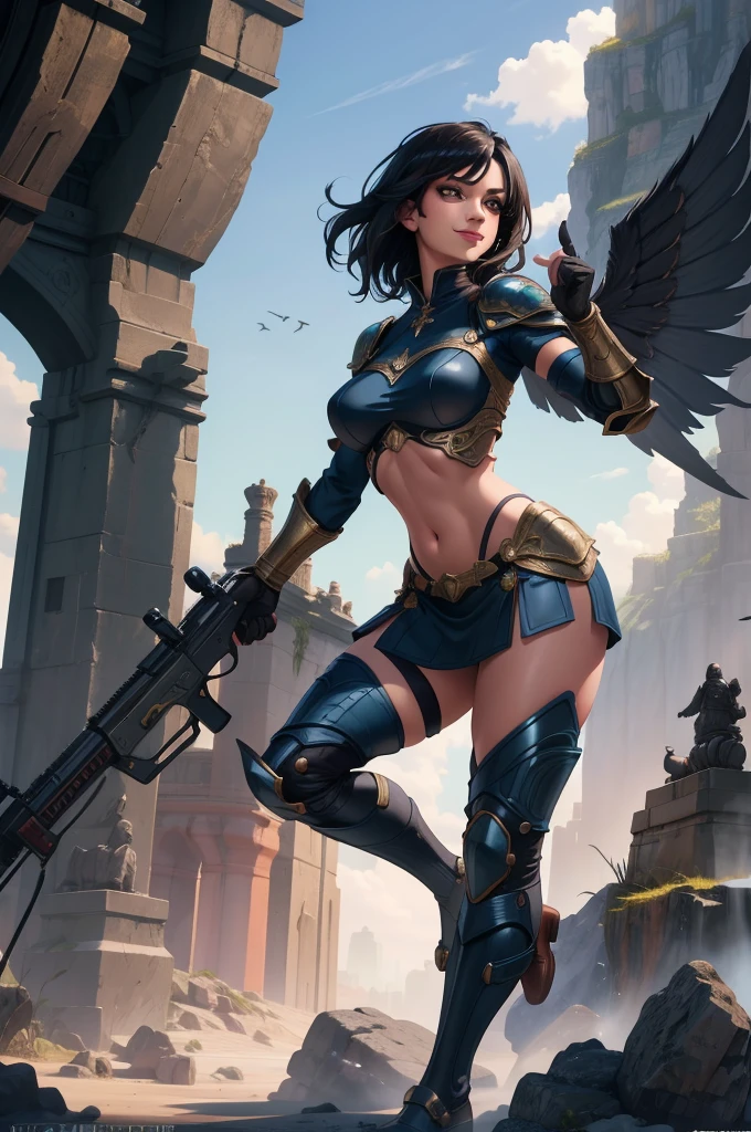 a smiling girl, extremely detailed navel and curves, long eyelashes, short black hair, NimSuit with armor showing midriff, bandages, gloves, dress, brown footwear, wings, (best quality,4k,8k,highres,masterpiece:1.2),ultra-detailed,(realistic,photorealistic,photo-realistic:1.37),concept art,fantasy,cinematic lighting,dynamic pose,intricate details