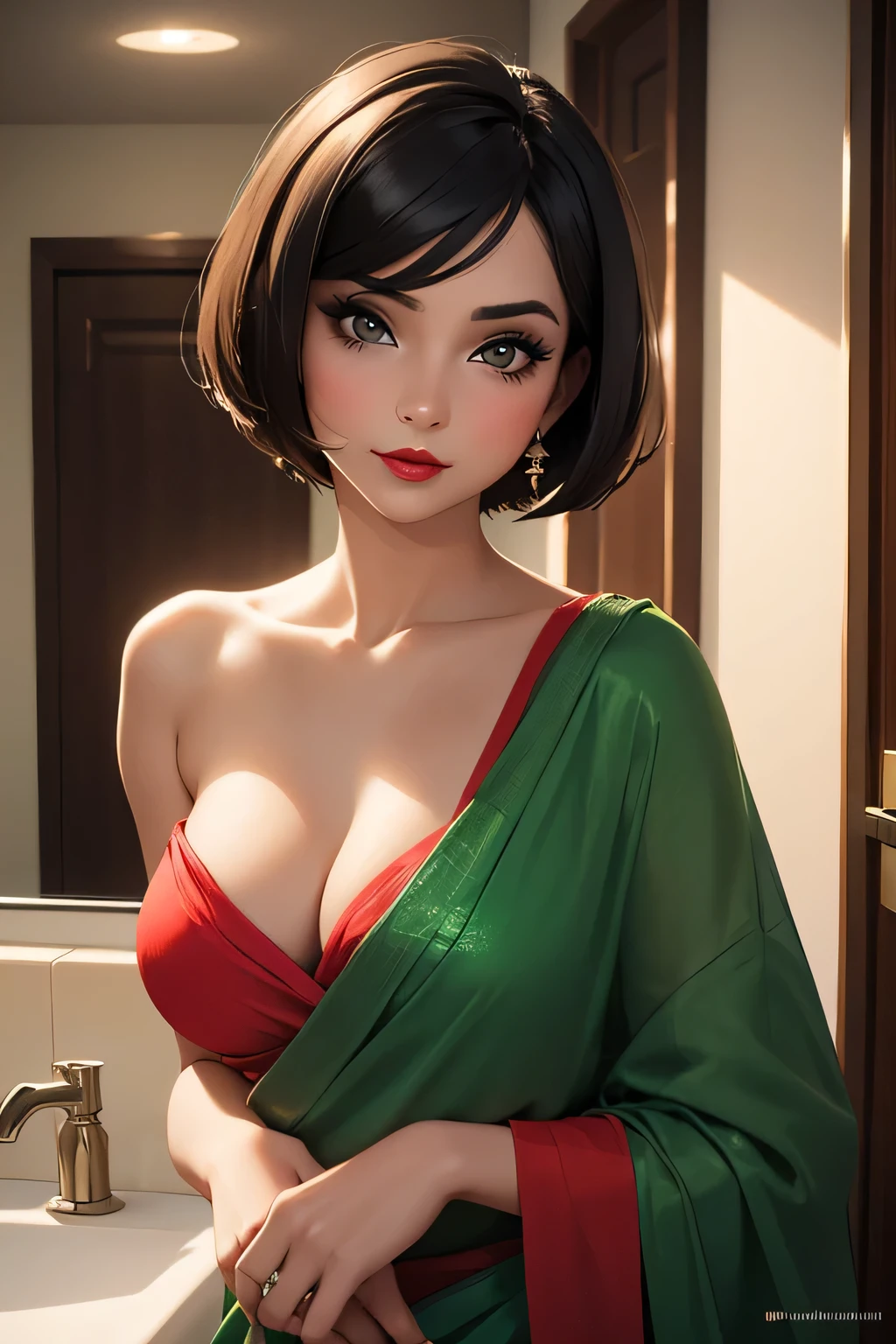 Amazing portrait of a sexy woman with her short hair in a bob style and her face covered with lots of makeup gazing at us seductive with her perfect red lips parted wearing a green saree in an empty bathroom