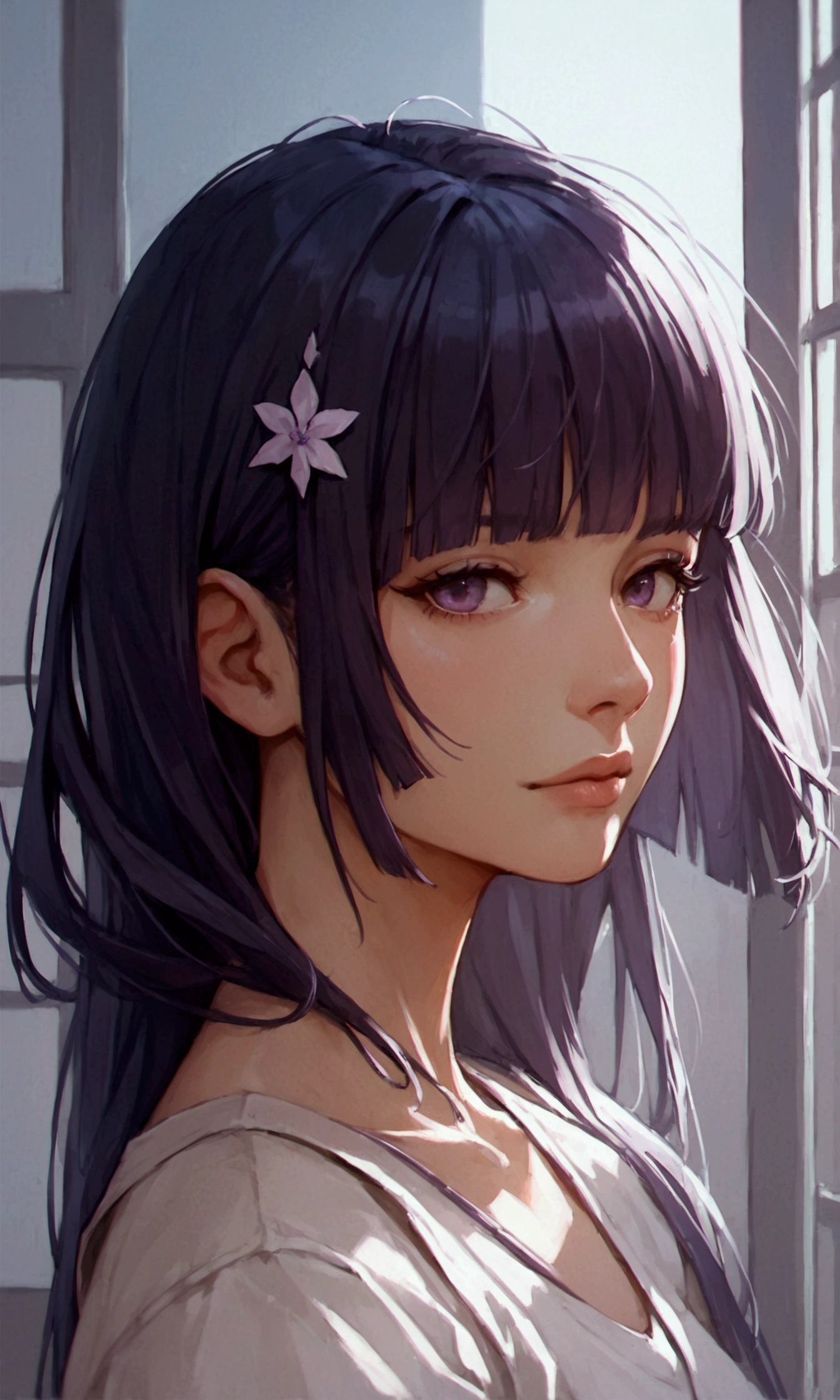 score_9, score_8_up, score_7_up, score_6_up, masterpiece, anime style, centered, highly detailed, portrait, 1girl, long hair, purple, hime cut, blunt bang