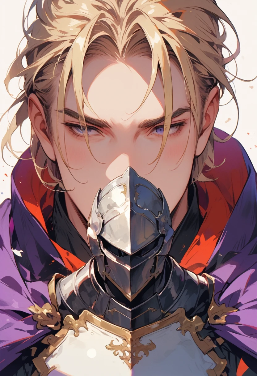 (Pure white background,No background),(Bust portrait),(Male focus),(Face clarity),(Mature men),modern,blond,knight,armor,Purple cape