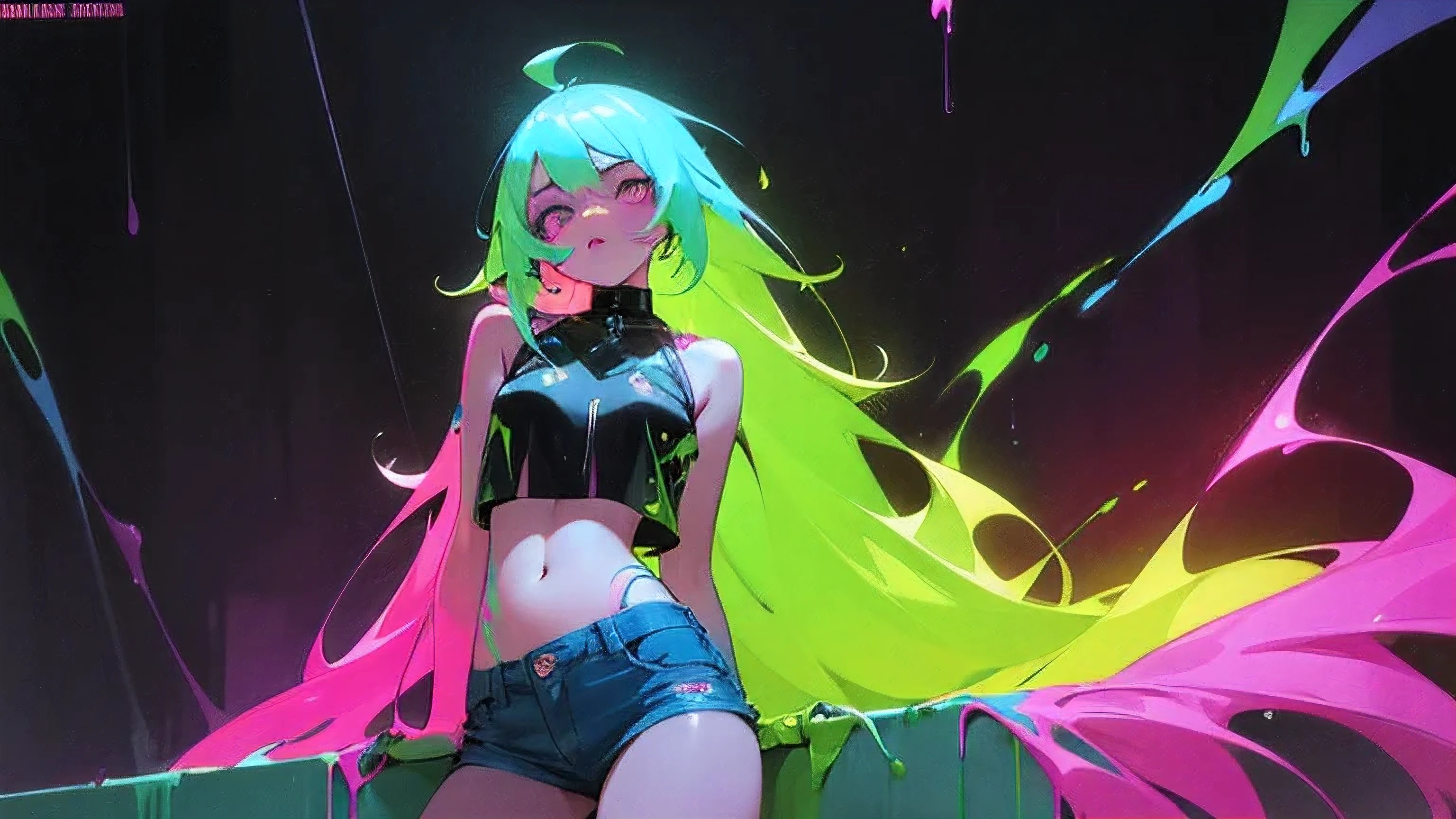 a woman with long hair and neon paint on her face, neon paint leak from top, neon paint dripping from ceiling, dripping in neon paint, neon paint drip, neon color bleed, epic 3 d abstract emo girl, dripping skin, neon and dark, dripping colors, dripping with color, neon ink, character is covered in liquid, neon rainbow drip paint, neon cyberpunk colors, cyberpunk anime girl, full body, turned to left, girl in crop top and denim shorts,
