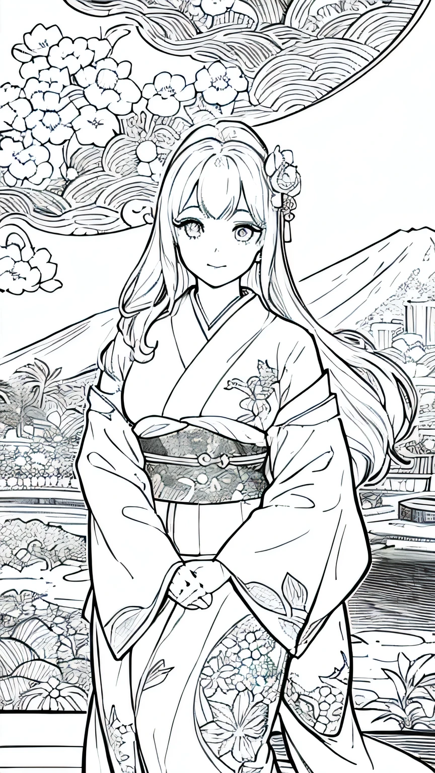 Obra maestra, superlativo,solamente, Dragon cute , flower line drawing background, fondo blanco, monocromo, line drawing, ((bosquejo)), spooky, white eyes, Please create a simple monochrome coloring book that even a  can do, depicting a realistic and cute ukiyo-e illustration of a girl in a kimono, in various poses, with a Japanese garden in the background, that conveys Japanese culture.