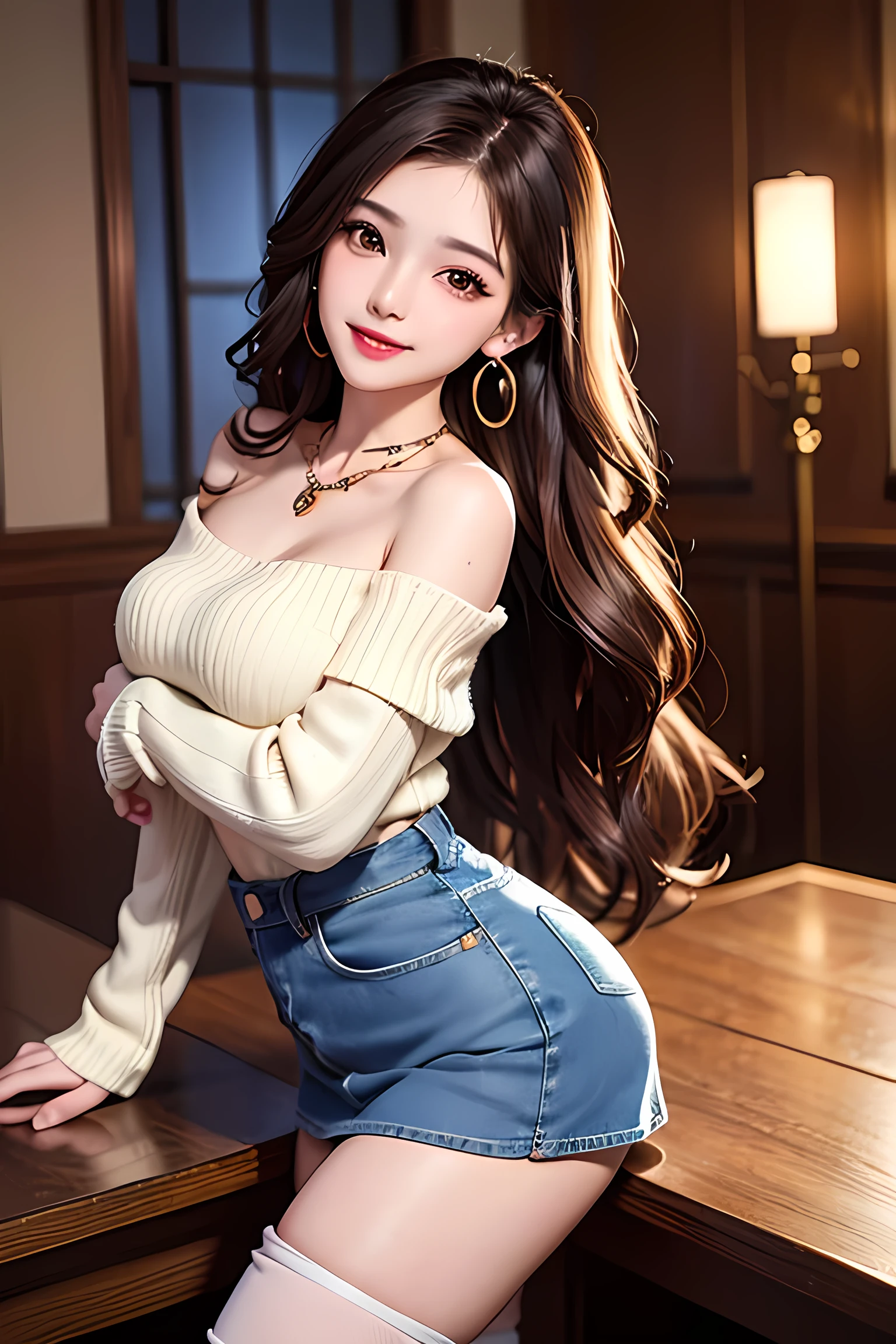 Adult female、Beauty Announcer、Long brown hair、Wavy Hair、Brown eyes, lipstick, smile, Tabletop, high quality、Sexy pose、Puffy nipples、(Light beige off-the-shoulder knit)、Medium large breasts、Soft 、(Denim mini skirt)、Knee-high stockings、High heel boots、Gorgeous earrings、Beautiful Necklace、(Butt sticking out pose)