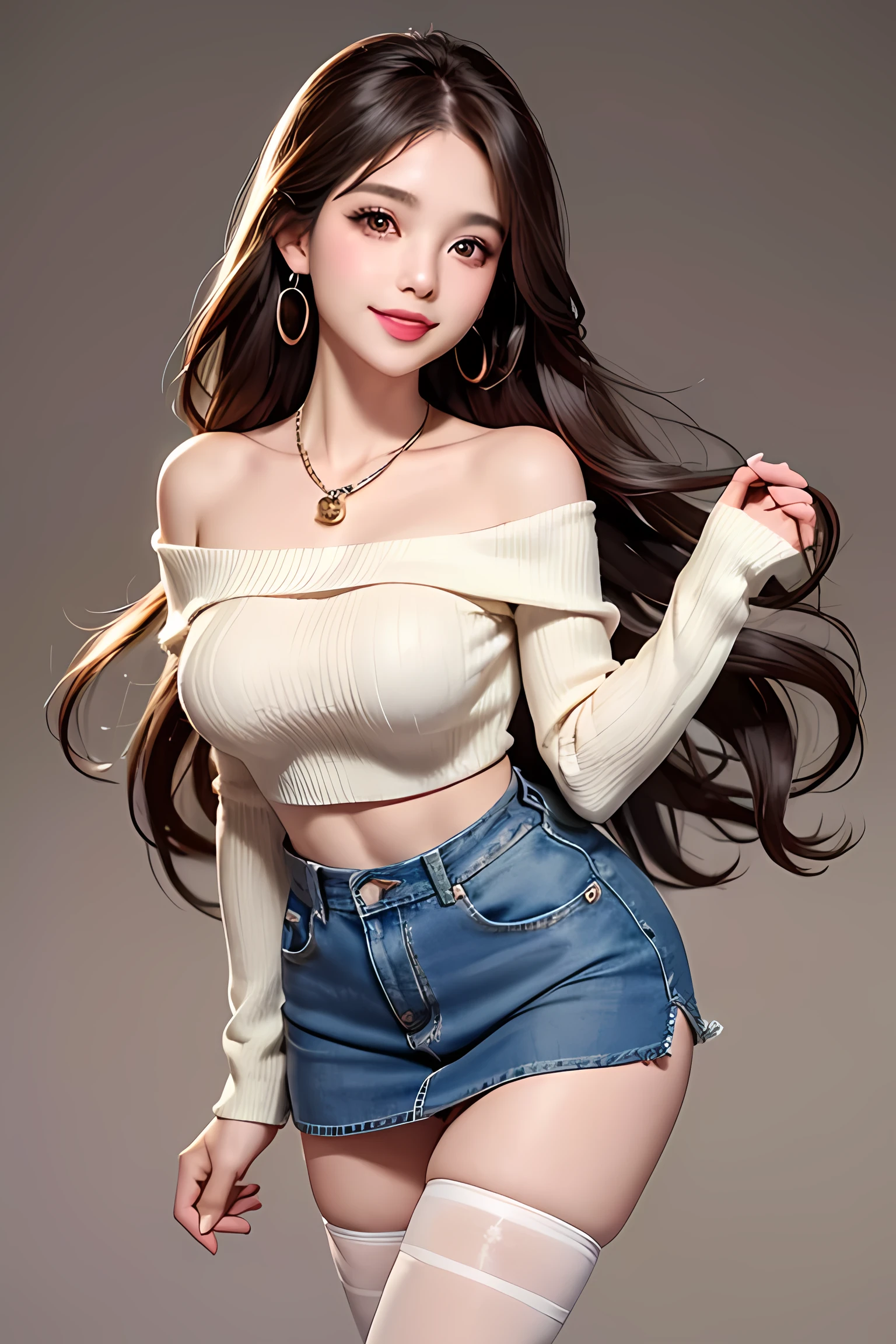 Adult female、Beauty Announcer、Long brown hair、Wavy Hair、Brown eyes, lipstick, smile, Tabletop, high quality、Sexy pose、Puffy nipples、(Light beige off-the-shoulder knit)、Medium large breasts、Soft 、(Denim mini skirt)、Knee-high stockings、High heel boots、Gorgeous earrings、Beautiful Necklace、(Butt sticking out pose)