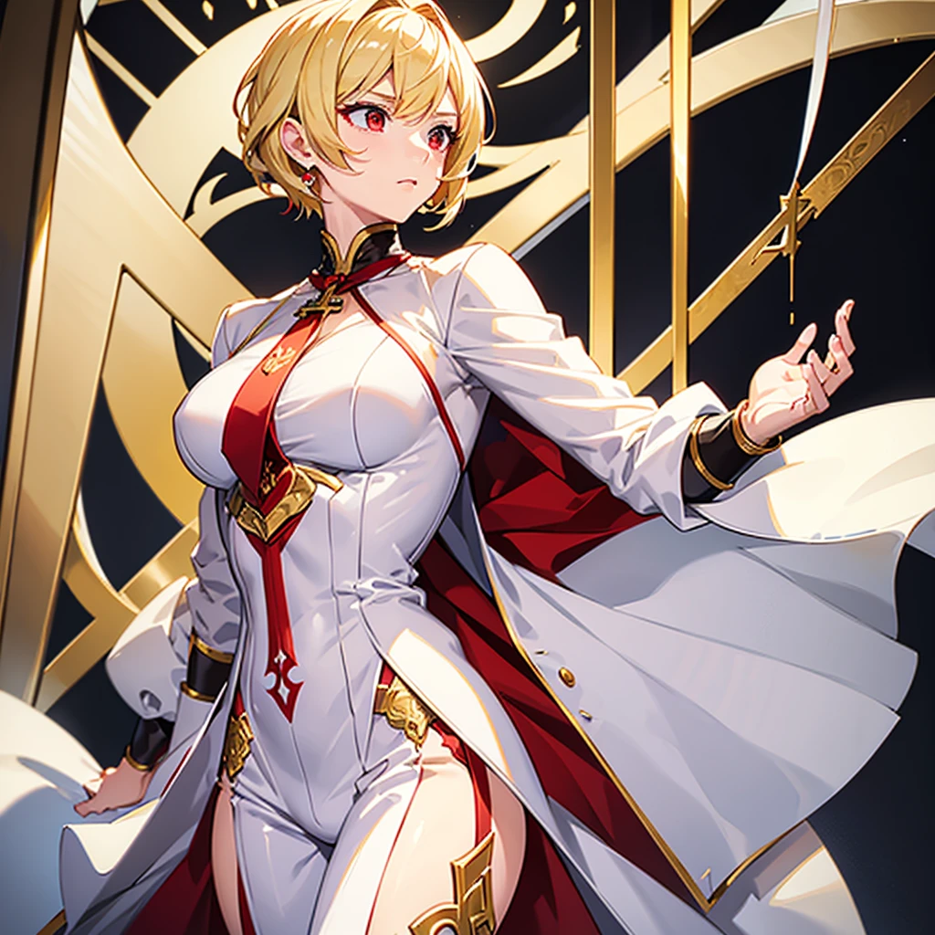 Buff, blonde, young lady, red eyes, short hair, on a white suit with golden details, with a cross necklace on the neck, front profile, christian, cultured, well dressed, fully dressed, non sexualized