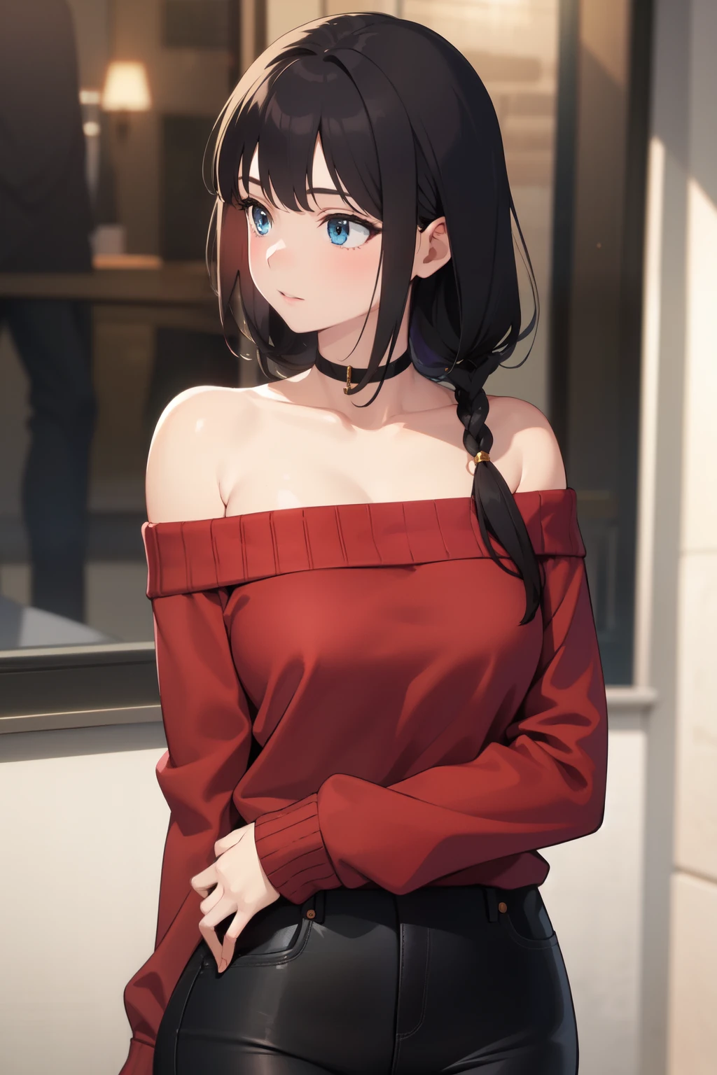 masterpiece, best quality, highres, bbyorf, short hair with long locks, white hairband, red eyes, gold earrings, (large breasts), jewelry, off shoulder, Red sweater, sweater dress, long sleeves, black pantyhose, outdoors, standing cowboy shot, smile