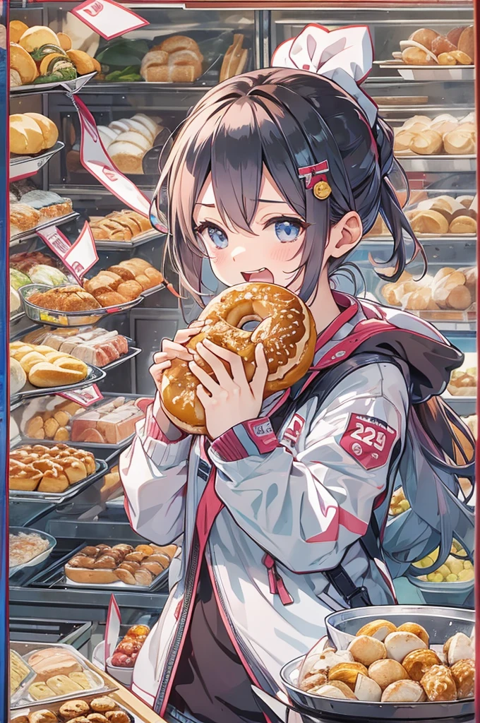 Anime Style、Olympic、Bread eating contest、donut、Biting the medal、Laugh with your teeth showing、full stadium、