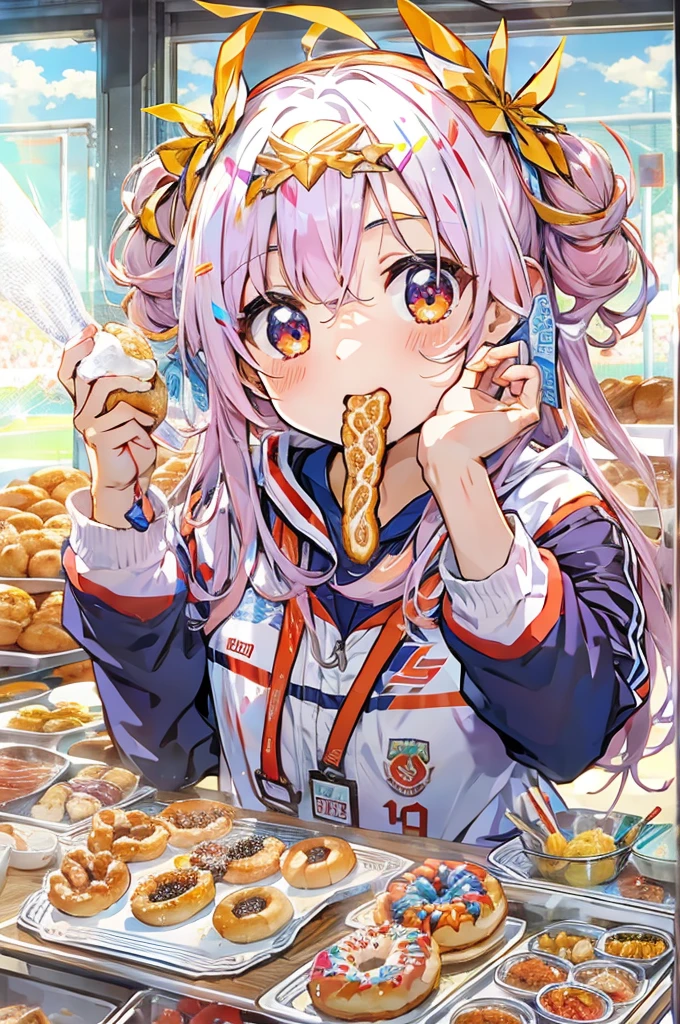 Anime Style、Olympic、Bread eating contest、donut、Biting the medal、Laugh with your teeth showing、full stadium、