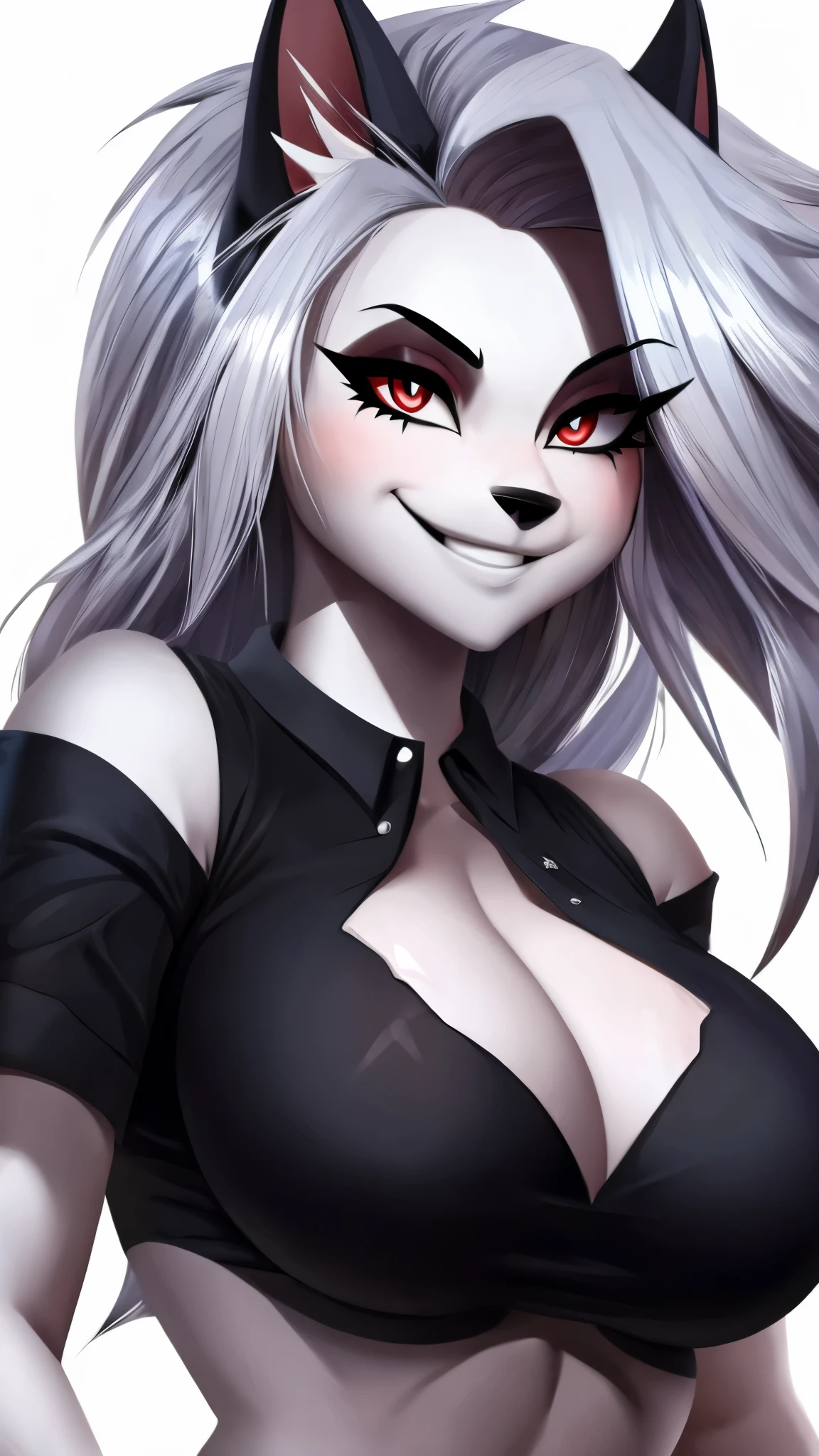 Loona from Helluva boss, wet=2, big breasts, white background, smiling, normal details eyes.