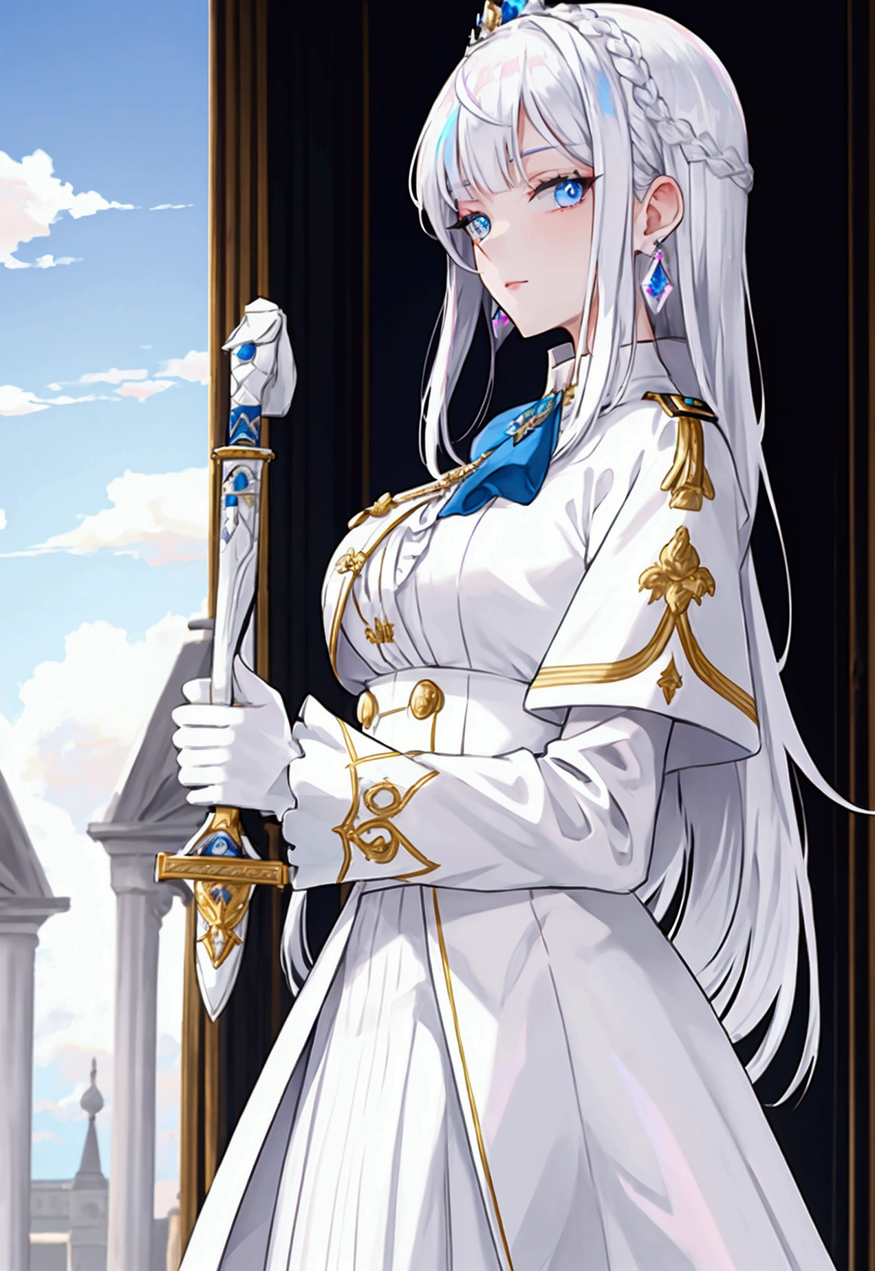 Victorian era, Military uniform, noble clothes, 1woman, queen, solo, medium shot, palace background, iridescent eyes, white shimmer hair, white eyebrow, glowing hair, (iridescent white hair), earrings, jewelry, blue eyes, blurry background, blurry, hair ornament, looking at viewer, white glove, long hair, straight hair, carrying sword,