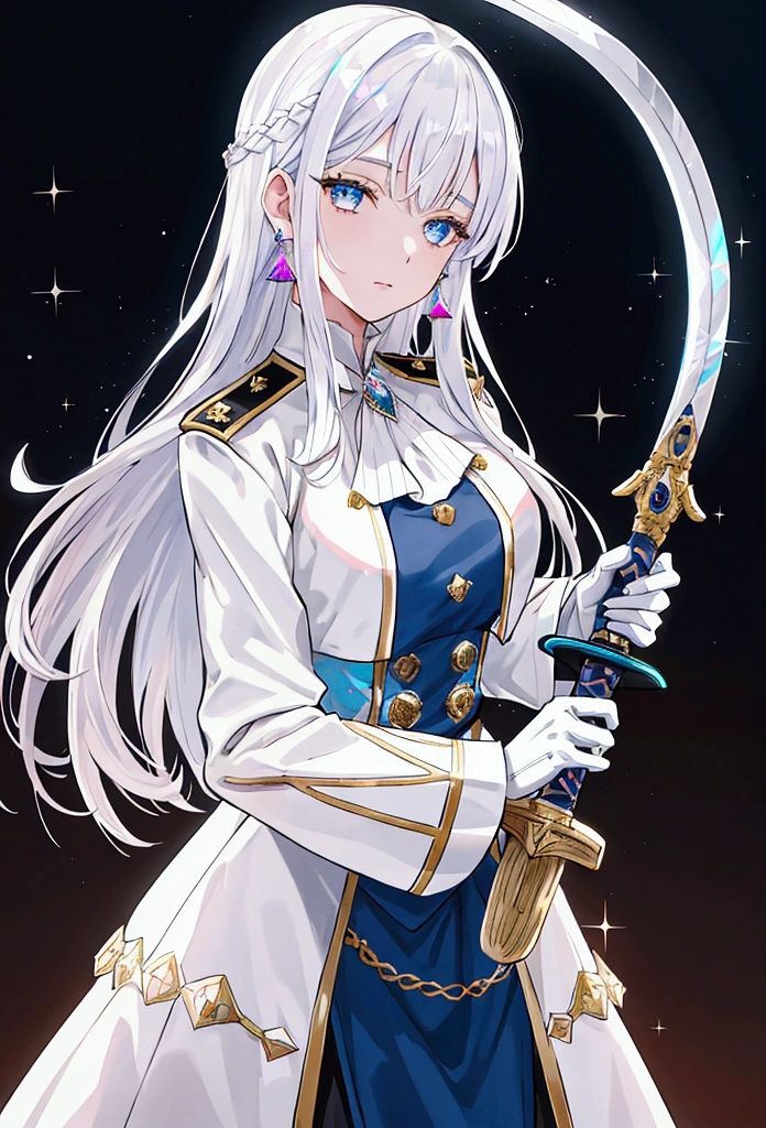 Victorian era, Military uniform, noble clothes, 1woman, queen, solo, medium shot, palace background, iridescent eyes, white shimmer hair, white eyebrow, glowing hair, (iridescent white hair), earrings, jewelry, blue eyes, blurry background, blurry, hair ornament, looking at viewer, white glove, long hair, straight hair, carrying sword,