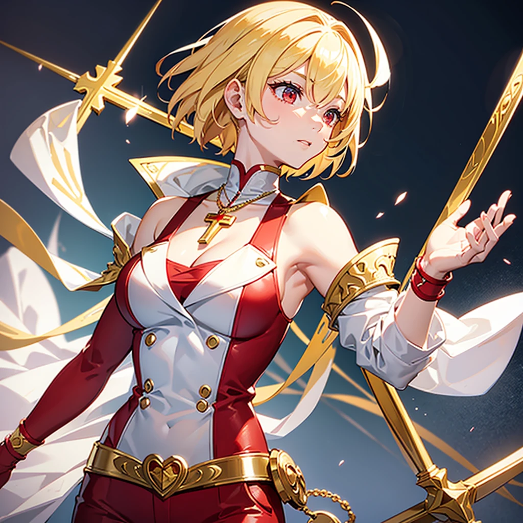 Buff, blonde, young lady, red eyes, short hair, on a white suit with golden details, with a cross necklace on the neck, front profile, christian, cultured, well dressed, fully dressed, non sexualized