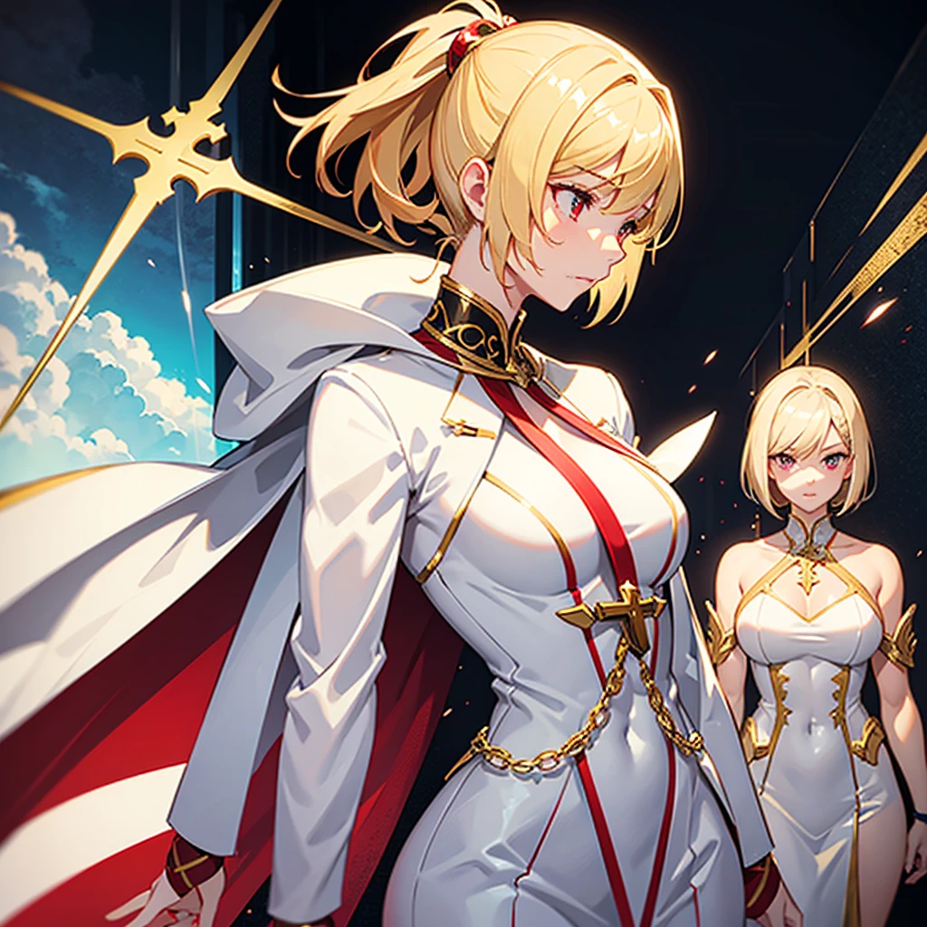 Buff, blonde, young lady, red eyes, short hair, on a white suit with golden details, with a cross necklace on the neck, front profile, christian, cultured,