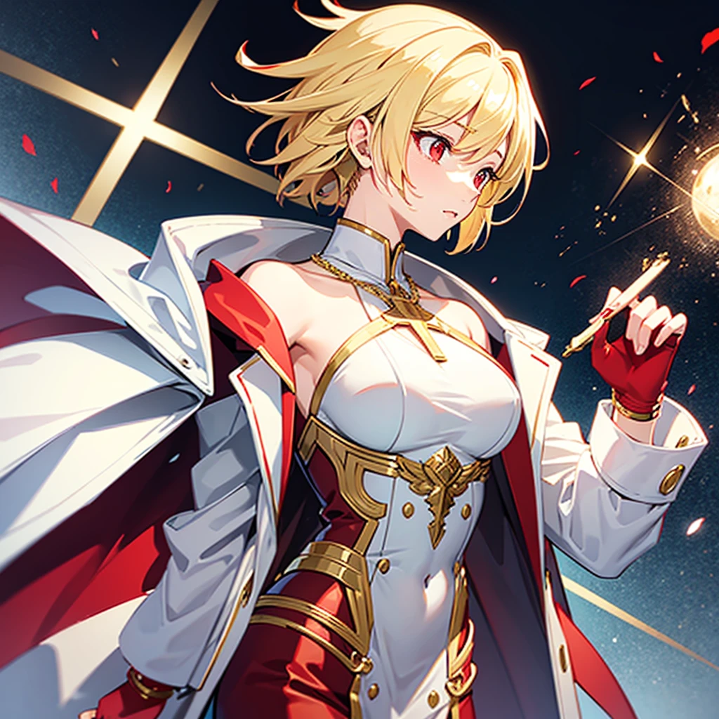 Buff, blonde, young lady, red eyes, short hair, on a white suit with golden details, with a cross necklace on the neck, front profile, christian, cultured,