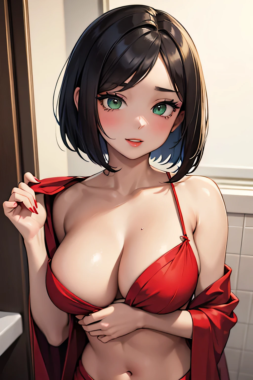 Amazing portrait of a sexy woman with her short hair in a bob style and her face covered with lots of makeup gazing at us seductive with her perfect red lips parted wearing a green saree in an empty bathroom